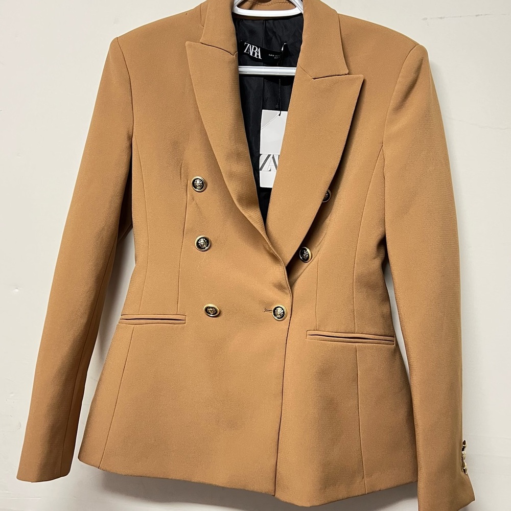 ZARA Tailored Double Breasted Blazer Brown Camel Taupe Small
